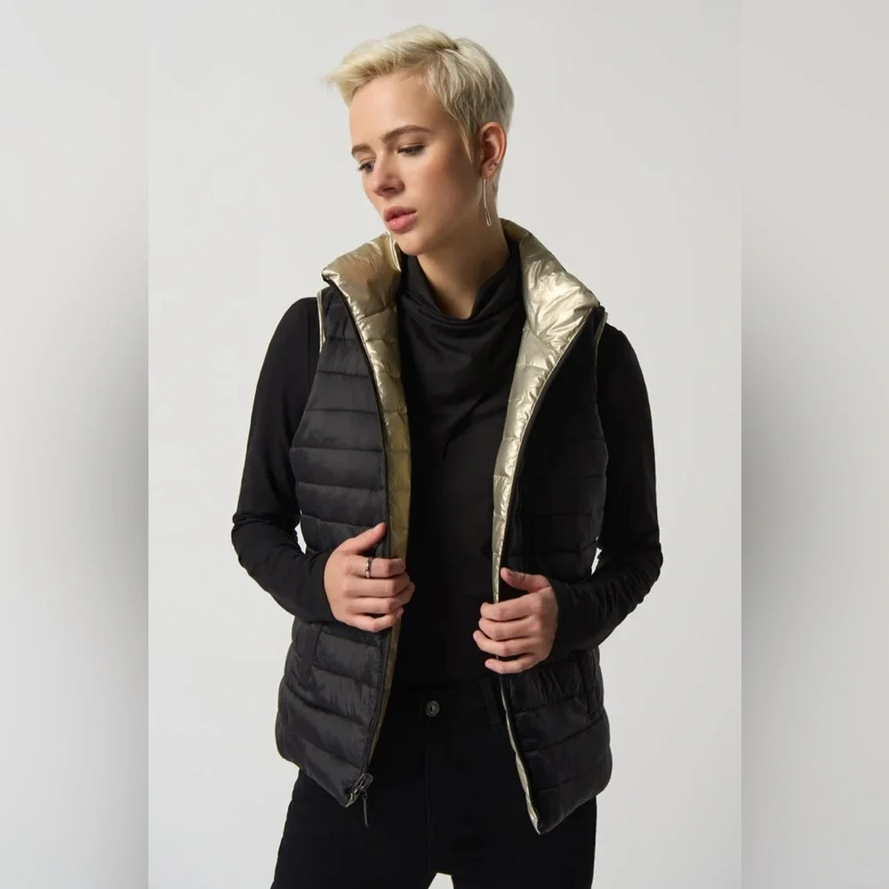 Joseph Ribkoff Reversible Quilted Gold Metallic Puffer Vest Size Large EUC